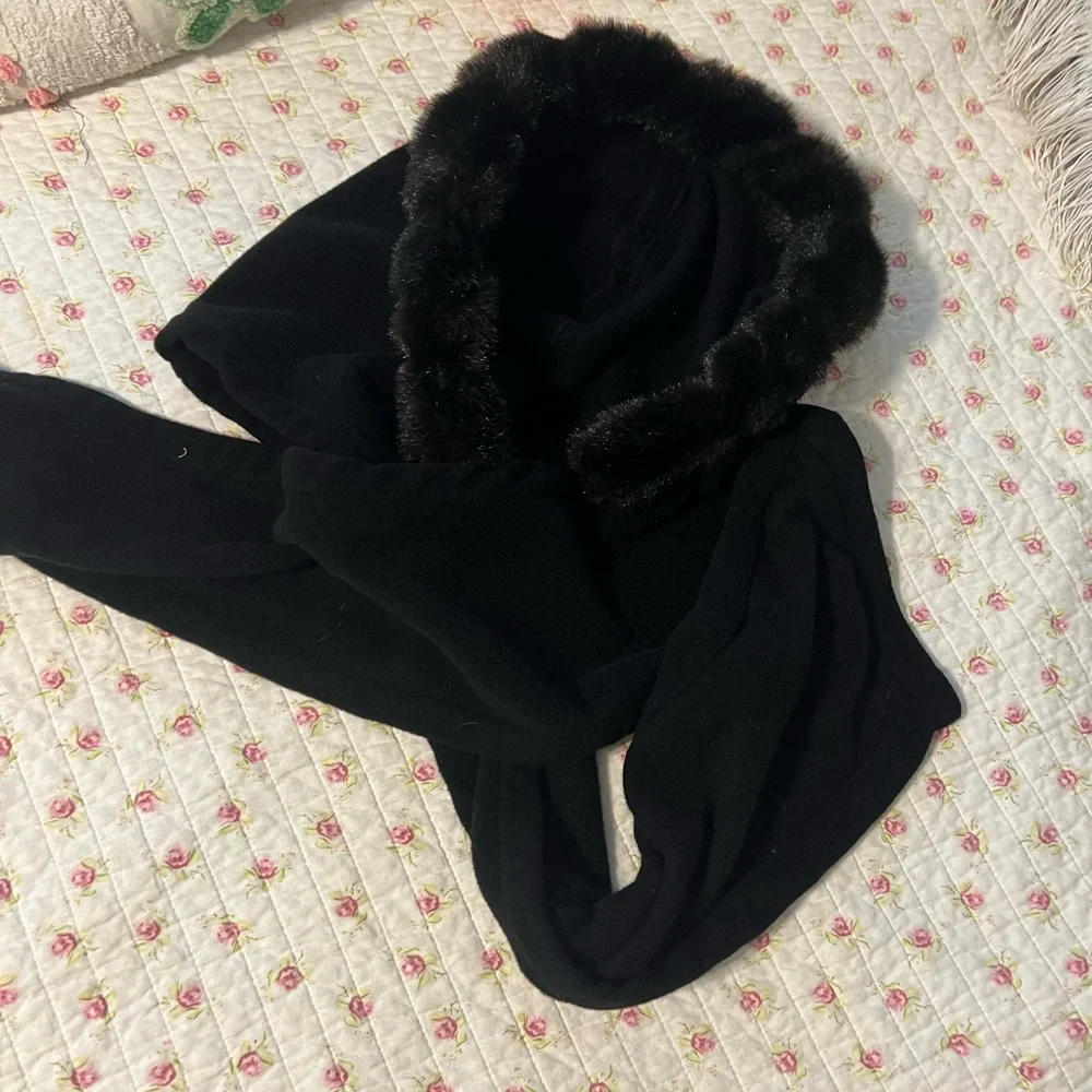 Black Faux Fur-Trimmed Hooded Wrap - Picture 11 of 11